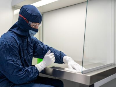 a person wearing a mask and gloves